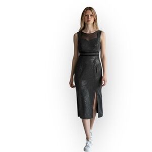 Alexa B Nites Black Sequin Sheer Top Front Slit Long Evening Dress Stunning 8P